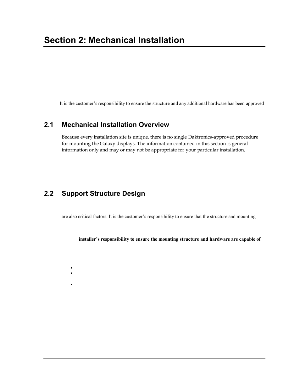 Section 2, Mechanical installation, Mechanical installation overview | Support structure design, 1 mechanical installation overview, 2 support structure design | Daktronics AF-3165-34-RGB User Manual | Page 11 / 85