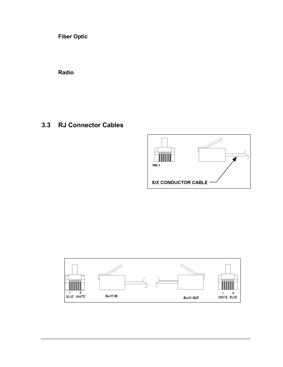 Fiber optic, Radio, Rj connector cables | Figure 13: 6-conductor rj11 connector and cable, Figure 14: flipped cable with rj connectors, 3 rj connector cables | Daktronics AF-3165-34-RGB User Manual | Page 17 / 85