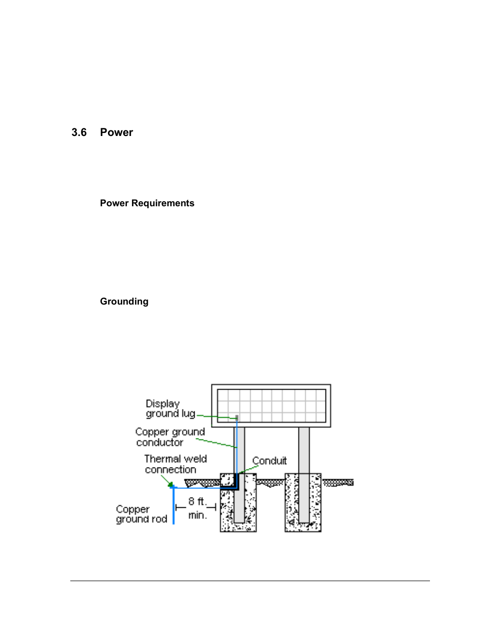Power, Power requirements, Grounding | Figure 16: ground conductor, 6 power | Daktronics AF-3165-34-RGB User Manual | Page 19 / 85