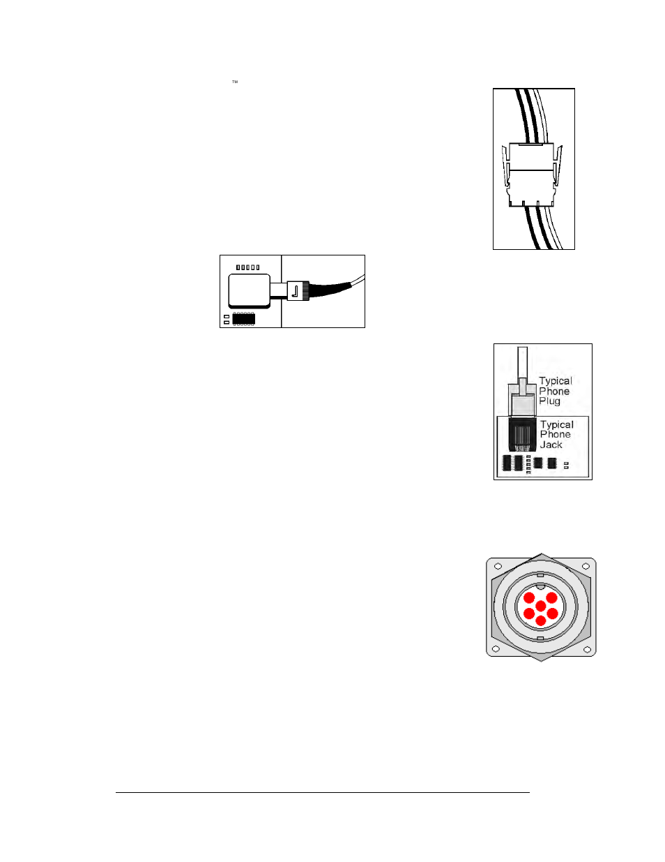 Figure 12: mate-n-loc connector, Figure 13: fiber optic cable, Figure 14: rj11 connector | Figure 15: rs232/6-pin quick connect jack | Daktronics AF-3197-89-RGB User Manual | Page 24 / 97