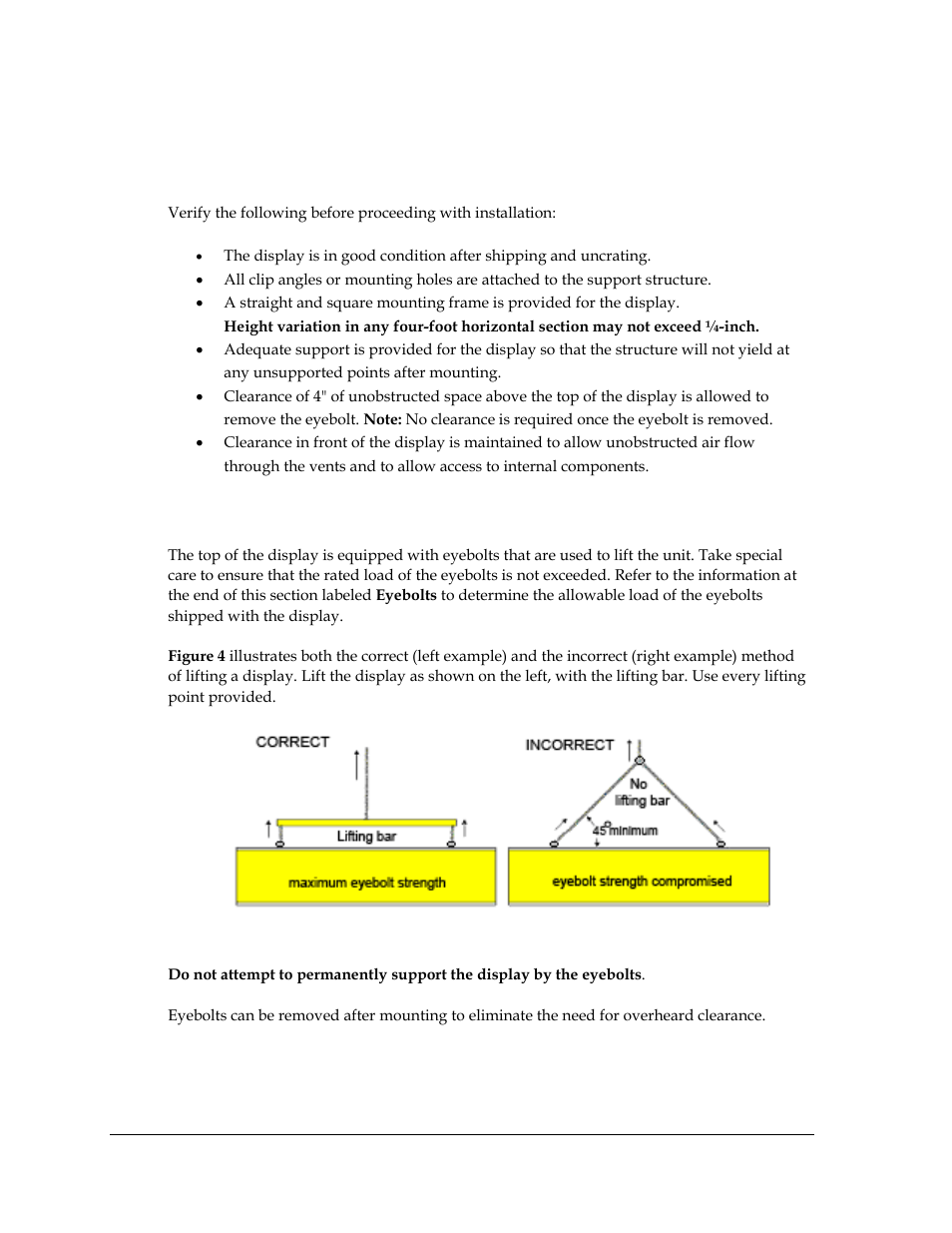 Pre-installation checklist, 2 lifting the display, Lifting the display | Figure 4: lifting the display | Daktronics AF-3400-12-RGB User Manual | Page 10 / 71