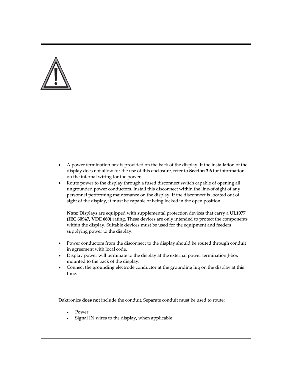 Section 3: power installation, 2 conduit, Section 3 | Power installation, Preparing for power connection, Conduit, 1 preparing for power connection | Daktronics AF-3400-12-RGB User Manual | Page 13 / 71