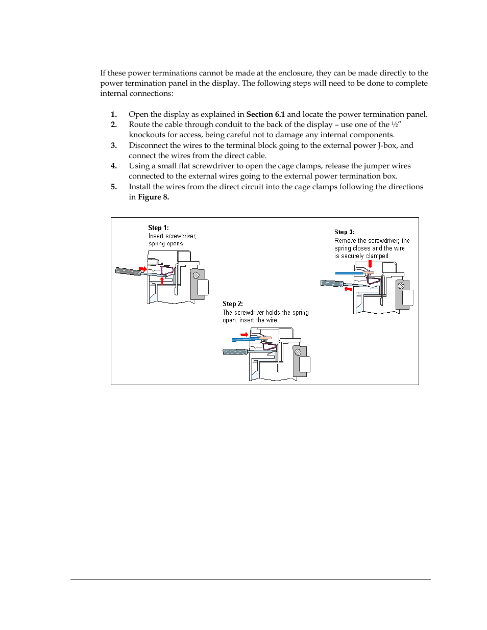 Figure 8: making cage clamp connections | Daktronics AF-3400-12-RGB User Manual | Page 17 / 71