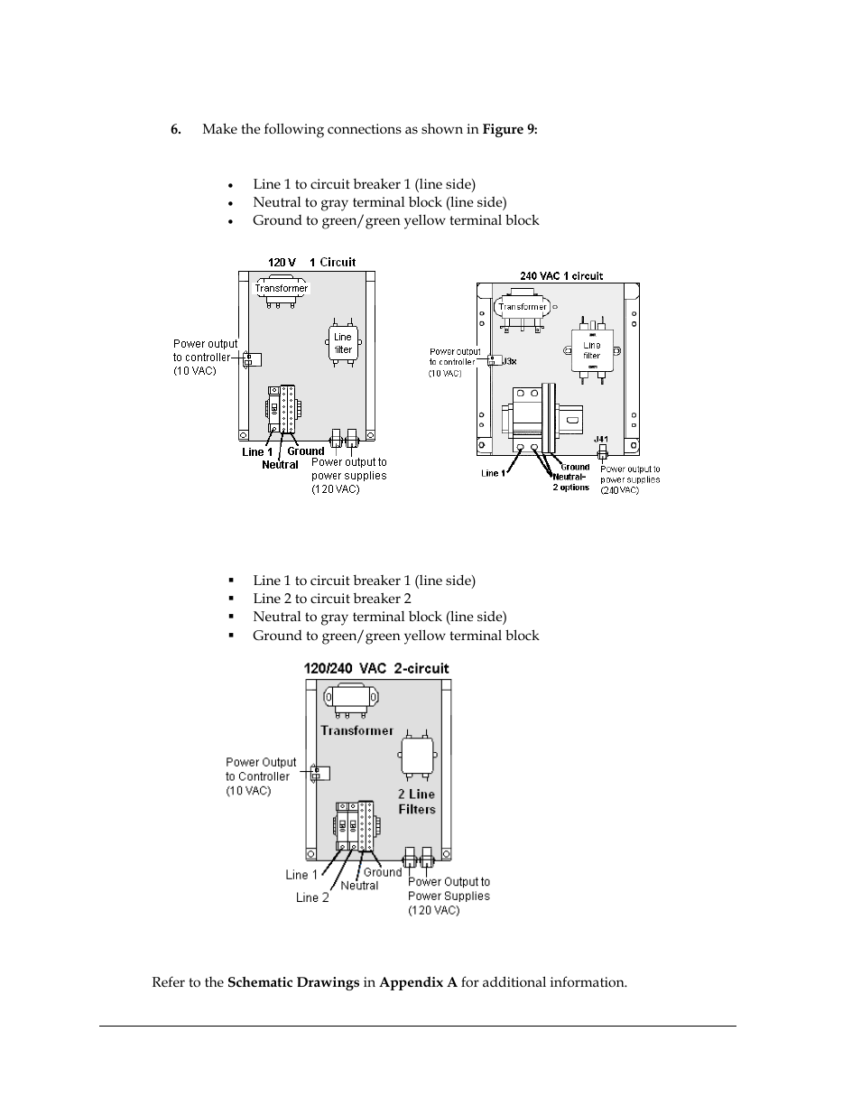 Figure 9: one-circuit 120 vac termination, One-circuit 240 vac termination, Figure 10: two-circuit 120/240 vac termination | Daktronics AF-3400-12-RGB User Manual | Page 18 / 71