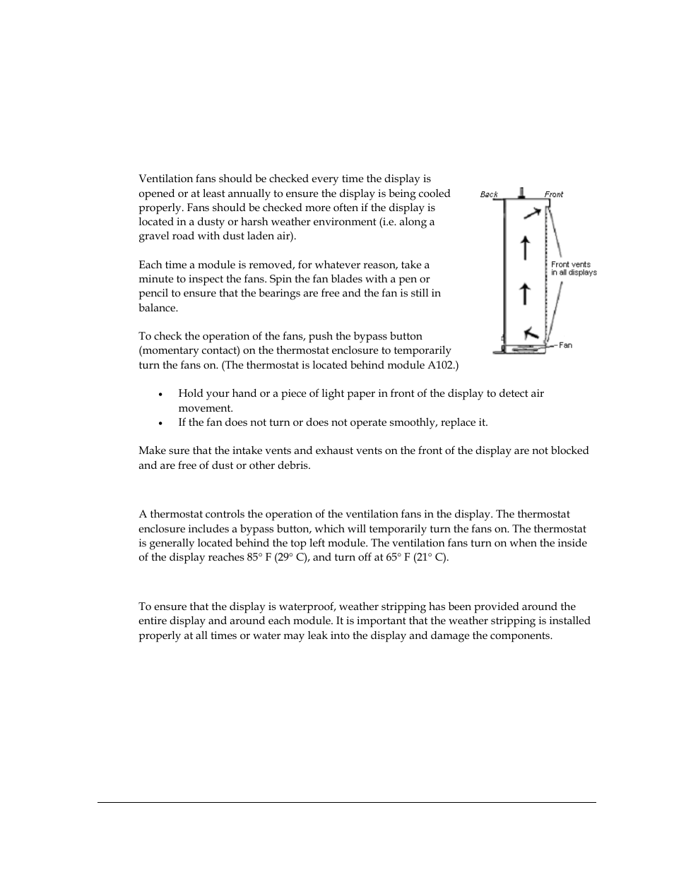 2 maintenance, Ventilation, Thermostats | Weather stripping, Maintenance, Figure 23: display fans | Daktronics AF-3400-12-RGB User Manual | Page 37 / 71