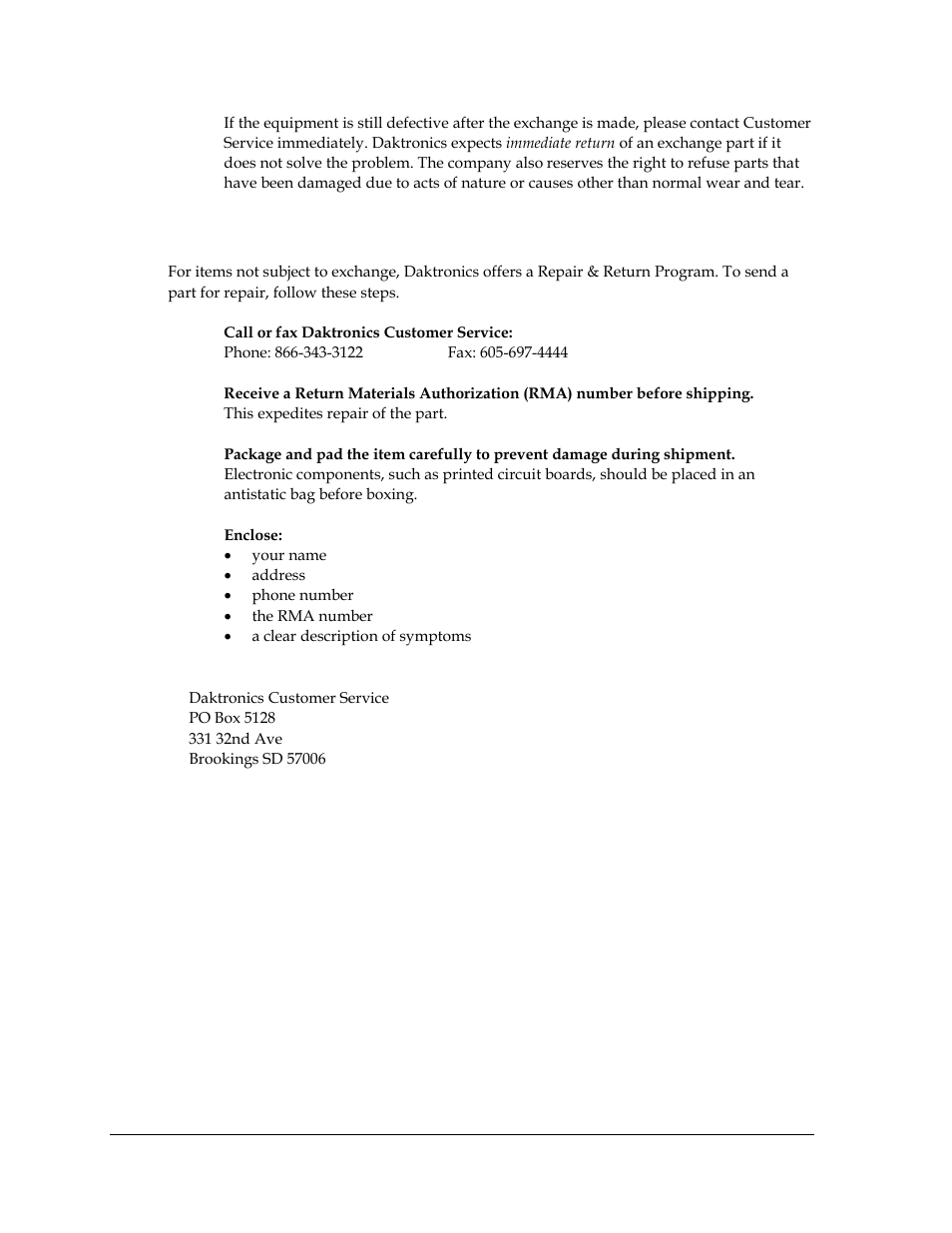 2 repair & return program, 3 daktronics warranty and limitation of liability, Repair & return program | Daktronics warranty and limitation of liability | Daktronics AF-3400-12-RGB User Manual | Page 48 / 71