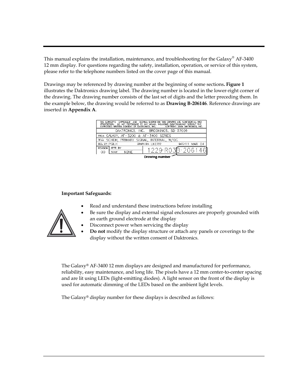 Section 1: introduction, 1 safety precautions, 2 display overview | Section 1, Introduction, Safety precautions, Display overview, Figure 1: drawing label | Daktronics AF-3400-12-RGB User Manual | Page 7 / 71