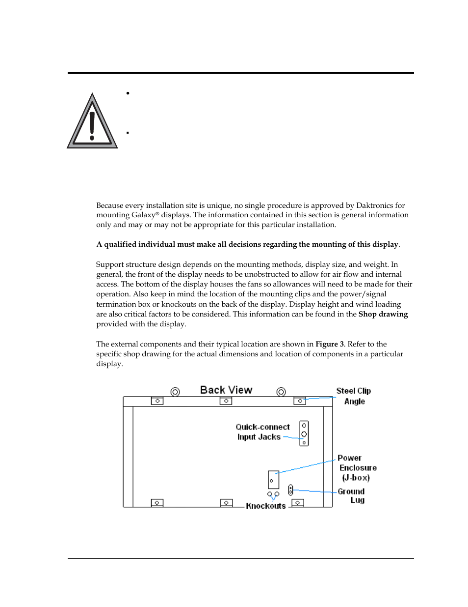 Section 2: mechanical installation, 1 support structure requirements, Section 2 | Mechanical installation, Support structure requirements, Figure 3: back view of typical display | Daktronics AF-3400-12-RGB User Manual | Page 9 / 71
