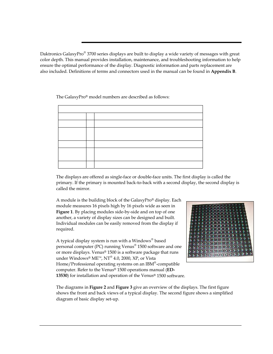 Section 1: overview of the displays, 1 display details, Section 1 | Overview of the displays, Display details, Figure 1: single module | Daktronics AF-3700-20 RGB User Manual | Page 11 / 87