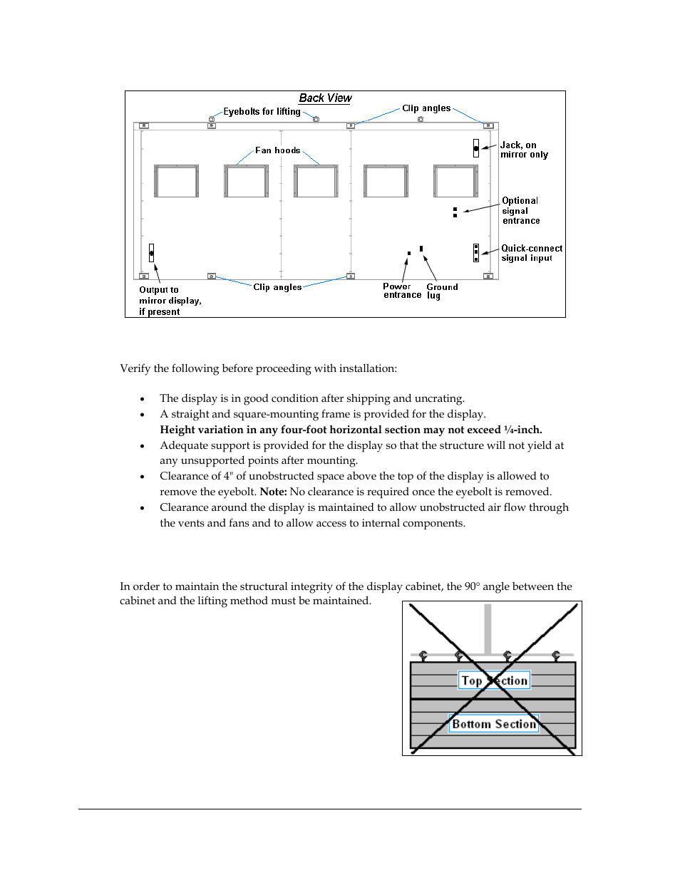 2 display mounting, Display mounting, Figure 5: back view of typical display | Figure 6: multiple section lifting not advised, Figure 5 | Daktronics AF-3700-20 RGB User Manual | Page 14 / 87