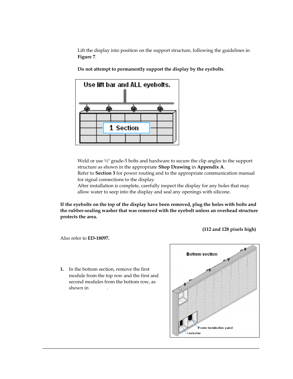 General mounting procedure for sectional displays, Figure 7: correct lifting procedures, Figure 8: bottom section preparation | Daktronics AF-3700-20 RGB User Manual | Page 15 / 87