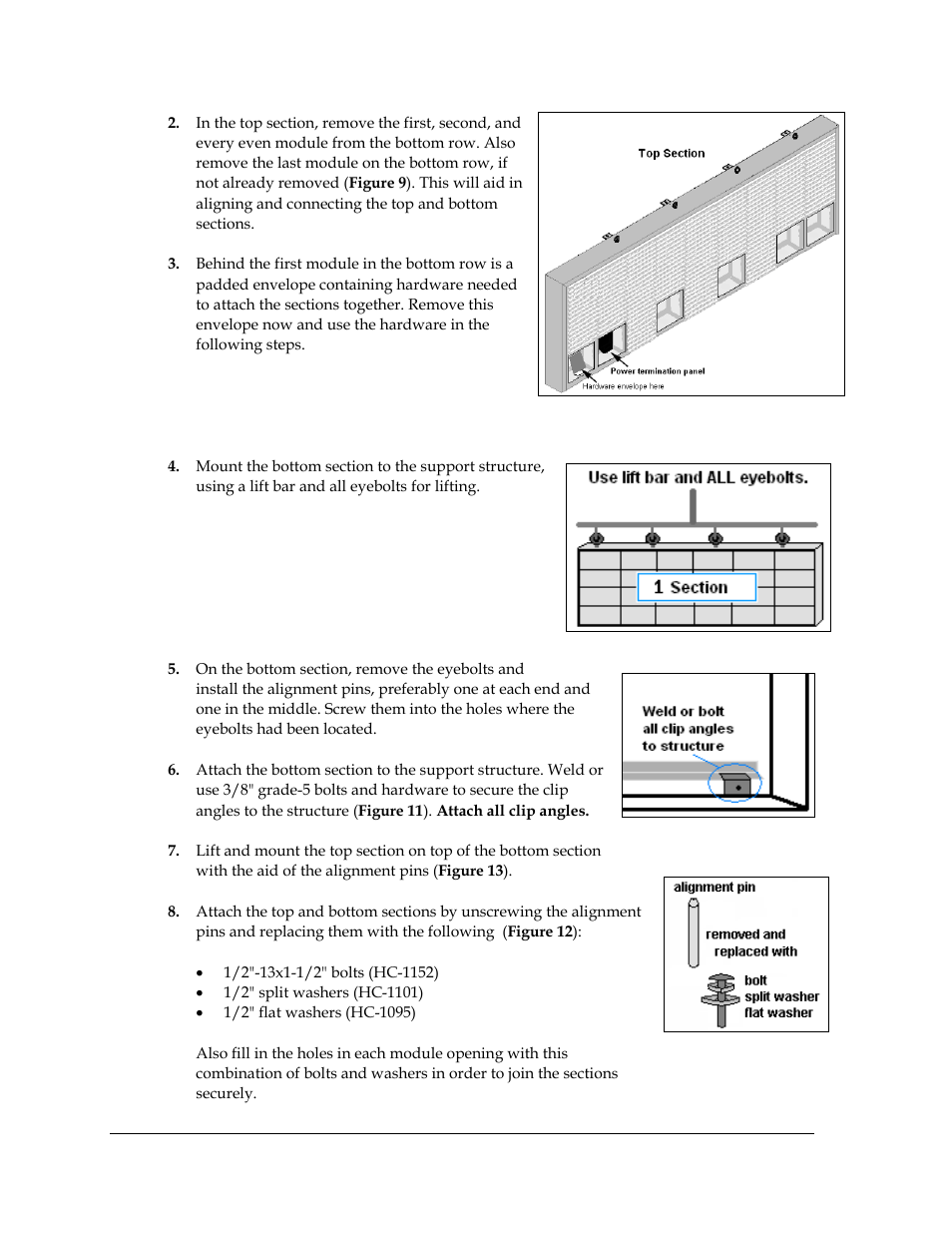 Figure 9: top section preparation, Figure 10: correct lifting method, Figure 11 : clip angle attachment | Figure 12: replacing alignment pins with bolts | Daktronics AF-3700-20 RGB User Manual | Page 16 / 87