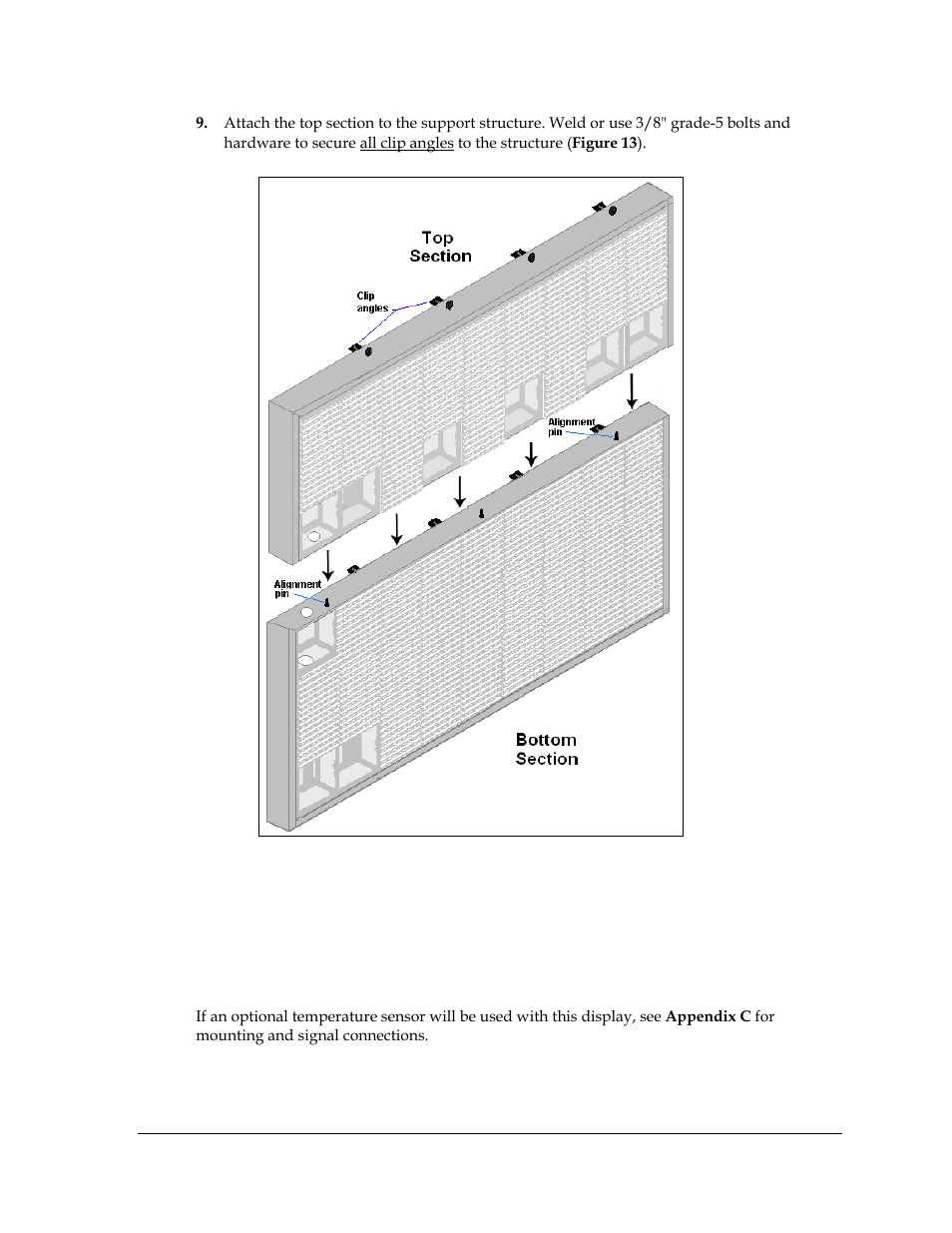 3 optional temperature sensor mounting, Optional temperature sensor mounting, Figure 13: attaching top to bottom sections | Ns ( figure 13 | Daktronics AF-3700-20 RGB User Manual | Page 17 / 87