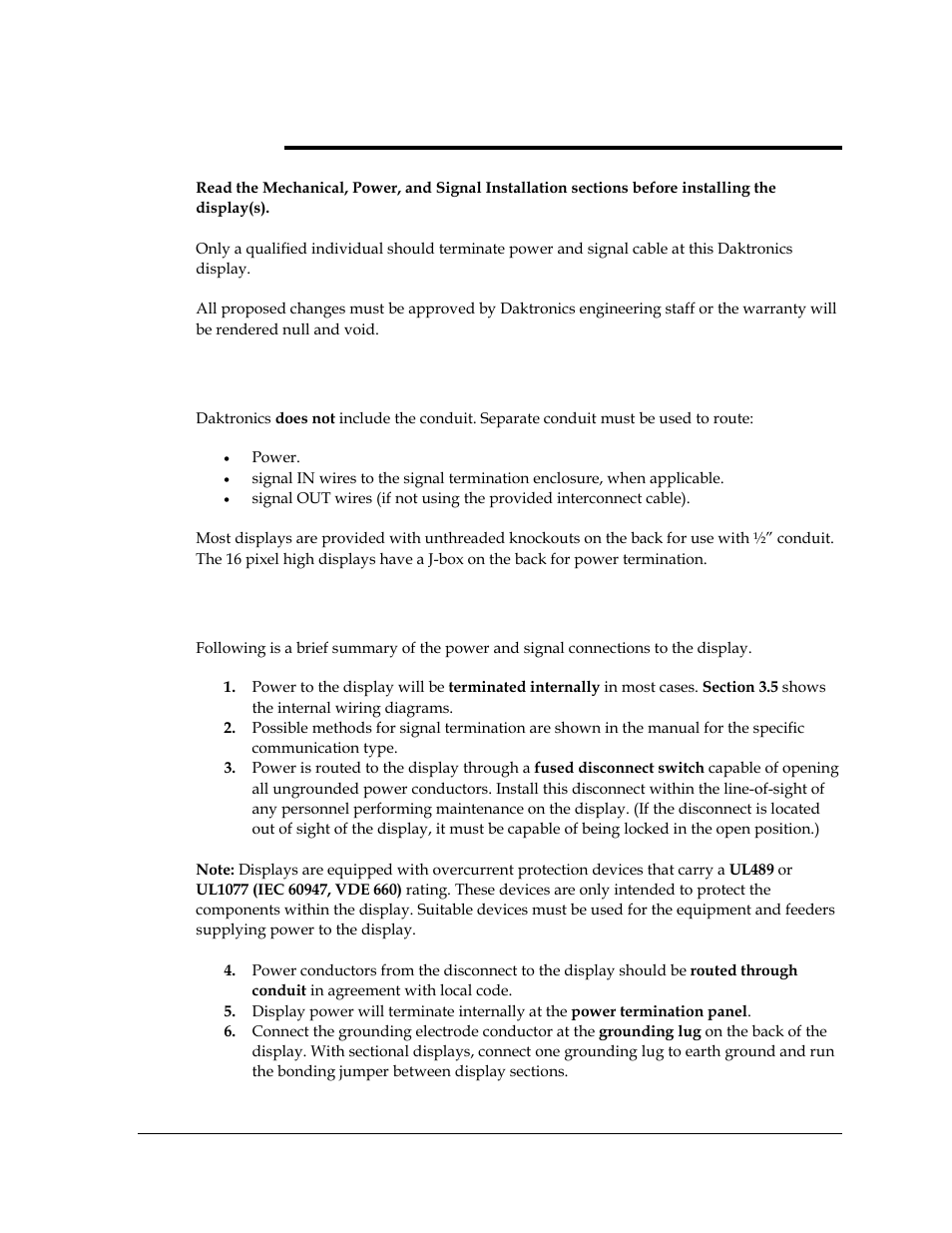 Section 3: power installation, 1 conduit, 2 overview of power/ signal connection | Section 3, Power installation, Conduit, Overview of power/ signal connection | Daktronics AF-3700-20 RGB User Manual | Page 19 / 87