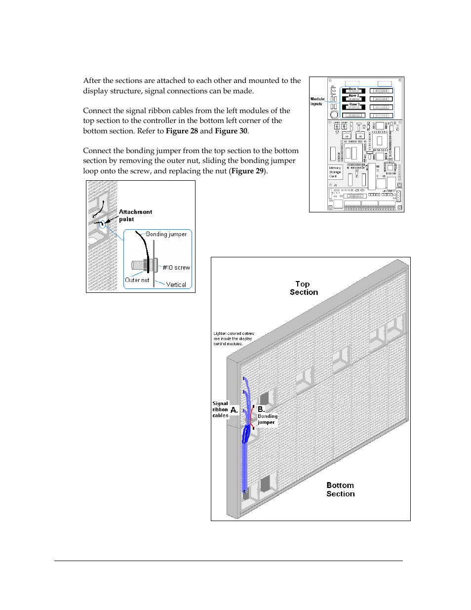 2 signal connections in sectional displays, Signal connections in sectional displays, Figure 28: module outputs | Figure 29: bonding jumper connection, Figure 30: signal connections in sectional display | Daktronics AF-3700-20 RGB User Manual | Page 28 / 87