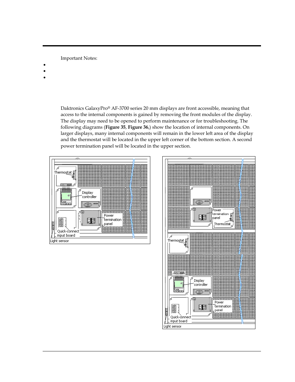 Section 6: maintenance, Section 6, Maintenance | Figure 35: internal components in sectional, Figure 36: internal components- single cabinet | Daktronics AF-3700-20 RGB User Manual | Page 35 / 87