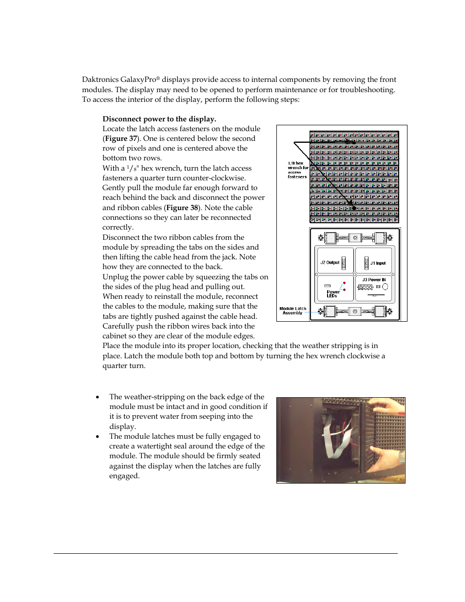 1 internal display access, Internal display access, Figure 37: module access locations | Figure 38: removing a module | Daktronics AF-3700-20 RGB User Manual | Page 36 / 87