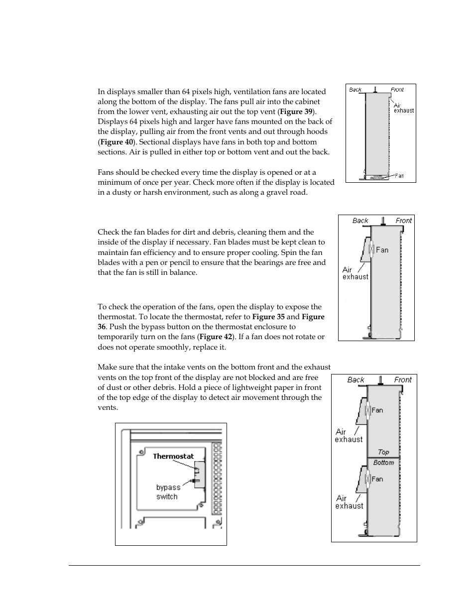 2 ventilation system/ fans, Frequency of inspection, Fan blades | Air flow, Ventilation system/ fans, Figure 39: air exhaust in smaller displays, Figure 40: air exhaust in larger displays, Figure 41: air exhaust in sectionals, Figure 42: thermostat | Daktronics AF-3700-20 RGB User Manual | Page 37 / 87