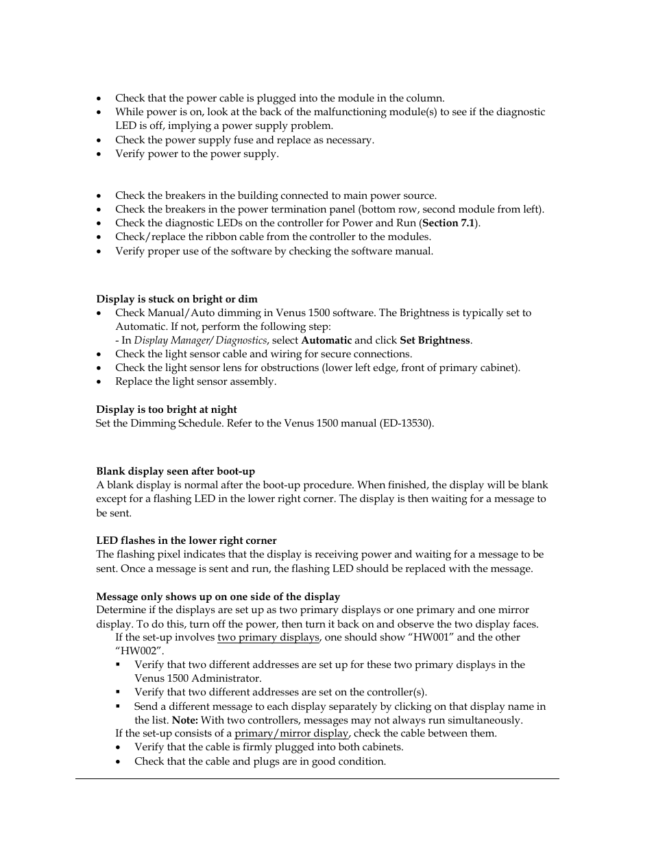 Brightness problems, Message problems | Daktronics AF-3700-20 RGB User Manual | Page 42 / 87