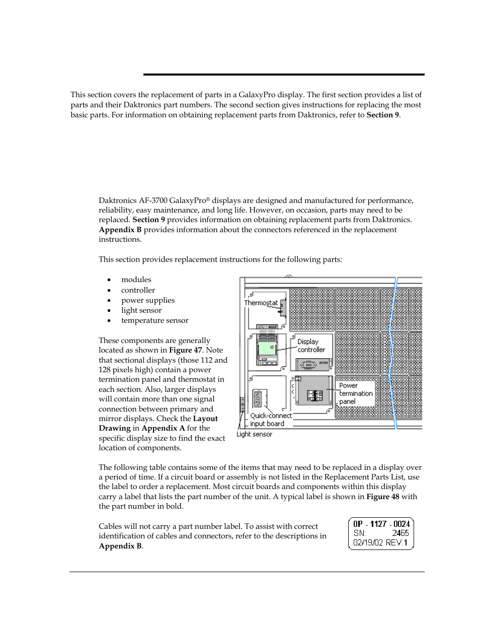 Section 8: parts replacement, 1 about replacement parts, Section 8 | Parts replacement, About replacement parts, Figure 47: interior location of components, Figure 48: typical label | Daktronics AF-3700-20 RGB User Manual | Page 45 / 87