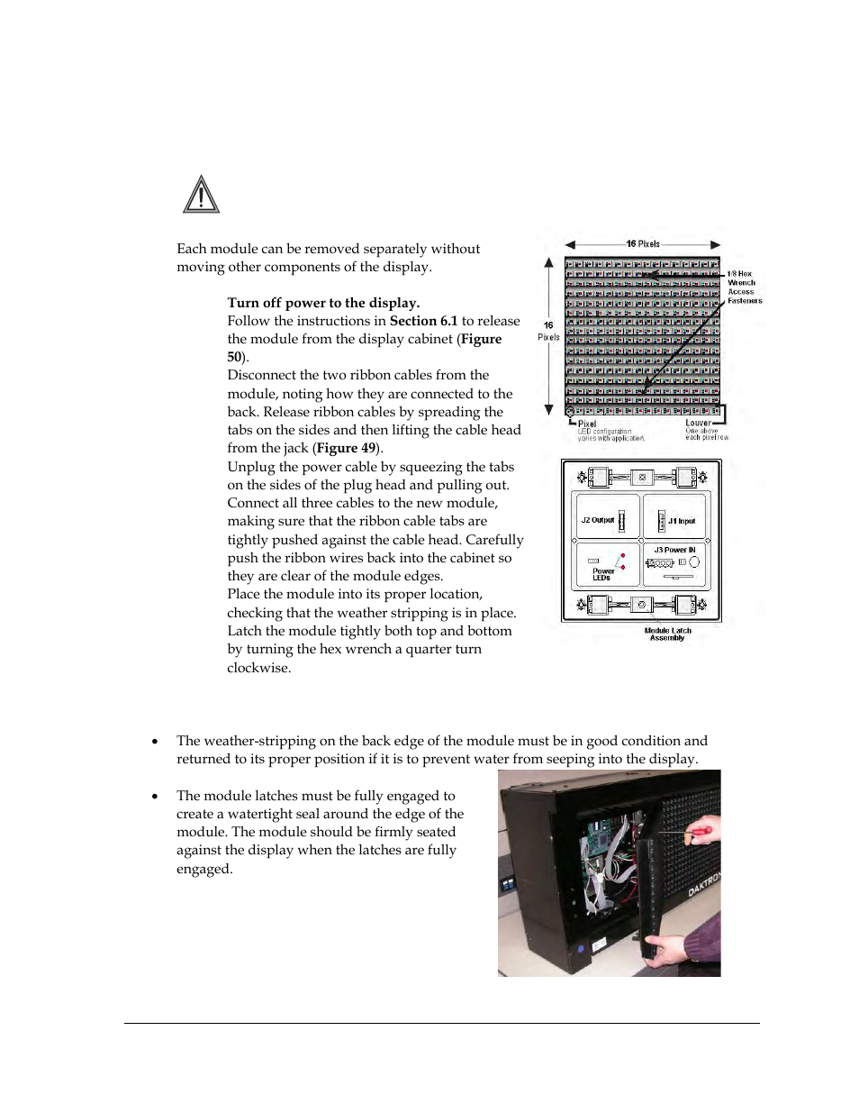 2 instructions for replacing parts, Module replacement, Instructions for replacing parts | Figure 49: module, front/back, Figure 50: removing a module | Daktronics AF-3700-20 RGB User Manual | Page 47 / 87