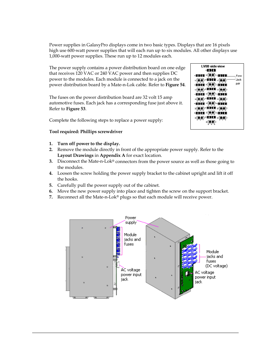Power supply replacement, Figure 53: jacks and fuses on rgb power supply | Daktronics AF-3700-20 RGB User Manual | Page 50 / 87
