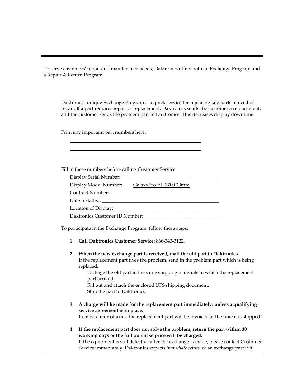1 exchange program, Section 9, Daktronics exchange and repair & return programs | Exchange program | Daktronics AF-3700-20 RGB User Manual | Page 53 / 87
