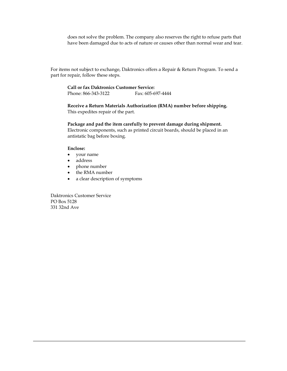 2 repair & return program, 3 daktronics warranty and limitation of liability, Repair & return program | Daktronics warranty and limitation of liability | Daktronics AF-3700-20 RGB User Manual | Page 54 / 87