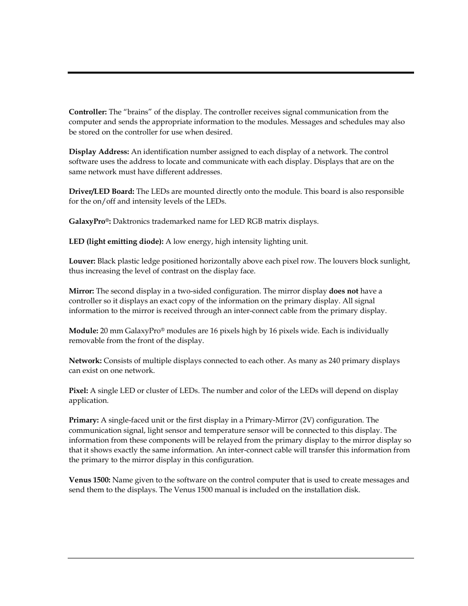 Appendix b: glossary, Definitions of terms | Daktronics AF-3700-20 RGB User Manual | Page 76 / 87