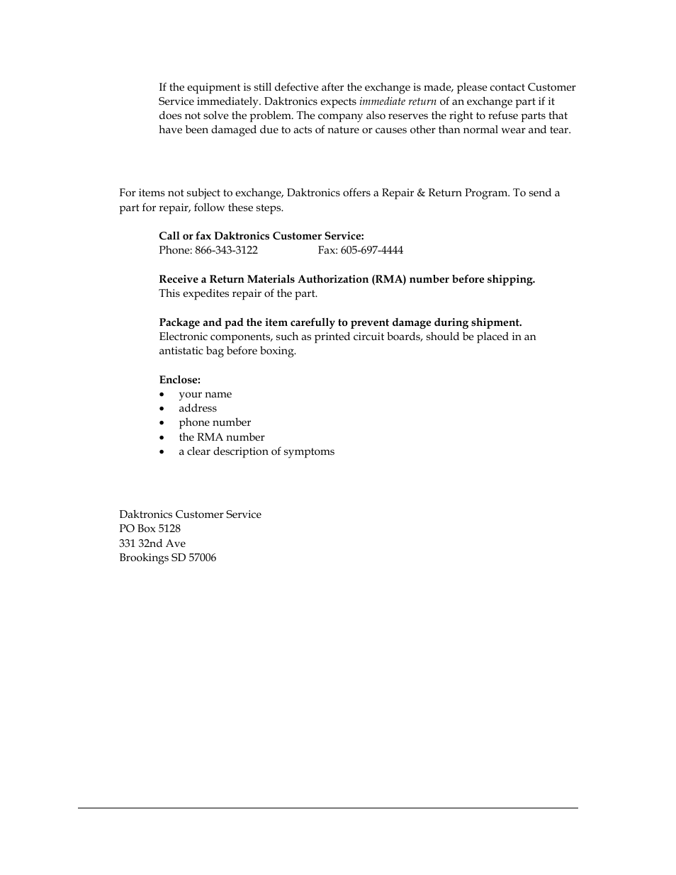 2 repair & return program, 3 shipping address | Daktronics AF-3700-34 RGB User Manual | Page 52 / 66
