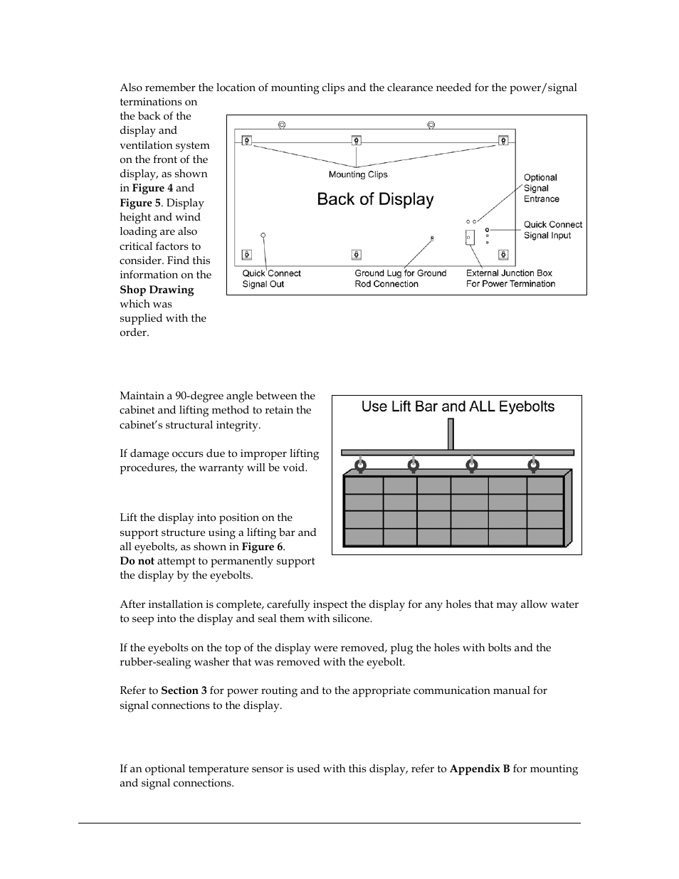3 lifting a display or display section, General lifting notes, 4 optional temperature sensor mounting | Lifting a display or display section, Optional temperature sensor mounting | Daktronics GPR-12EV-RGB User Manual | Page 10 / 74
