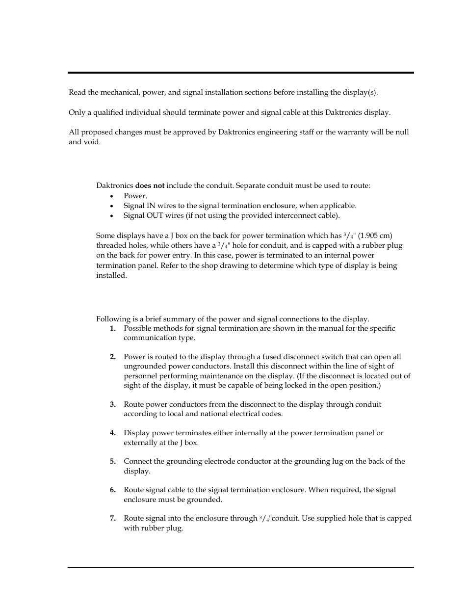 Section 3: power installation, 1 conduit, 2 overview of power/ signal connection | Section 3, Power installation, Conduit, Overview of power/ signal connection | Daktronics GPR-12EV-RGB User Manual | Page 11 / 74