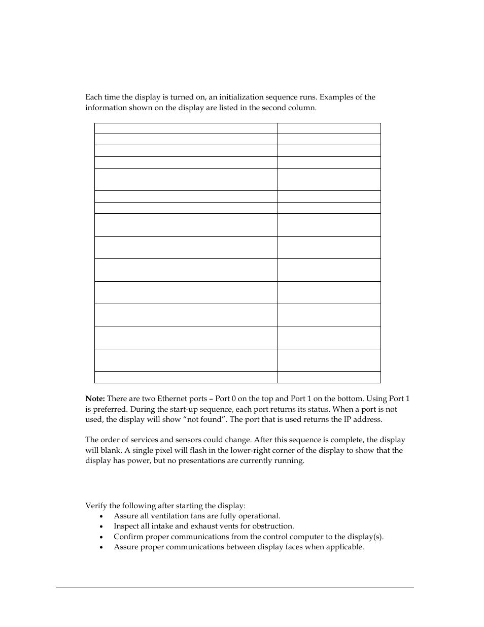 2 start-up sequence, 3 post installation checklist, Start-up sequence | Post installation checklist | Daktronics GPR-12EV-RGB User Manual | Page 20 / 74