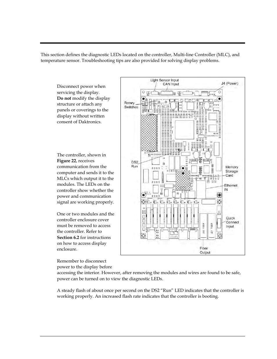Section 7: diagnostics and troubleshooting, 1 safety precautions, 2 controller diagnostics | Section 7, Diagnostics and troubleshooting, Safety precautions, Controller diagnostics | Daktronics GPR-12EV-RGB User Manual | Page 27 / 74