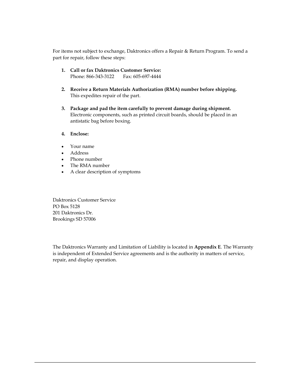2 repair & return program, Shipping address, 3 daktronics warranty and limitation of liability | Repair & return program, Daktronics warranty and limitation of liability | Daktronics GPR-12EV-RGB User Manual | Page 38 / 74