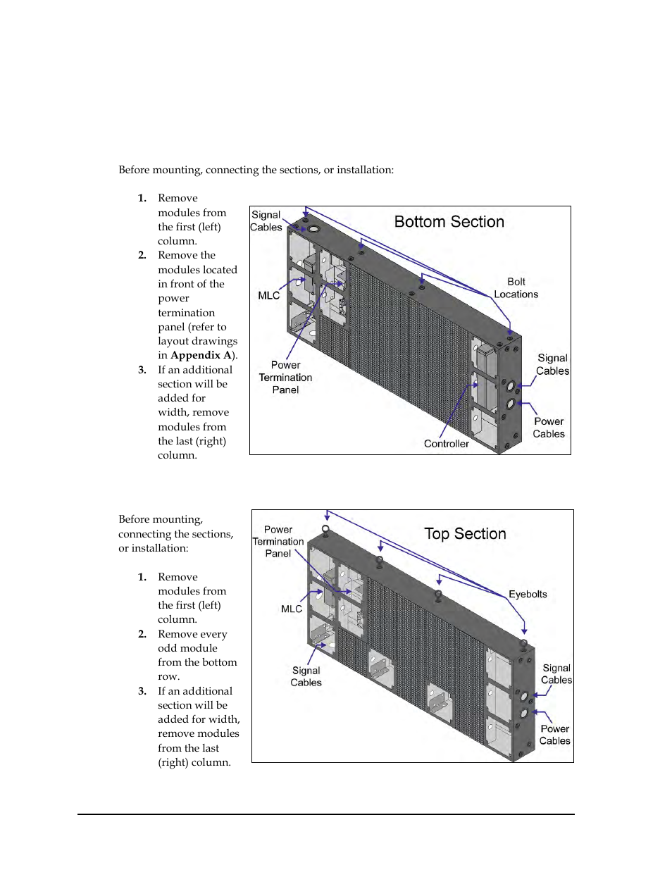 4 sectional mounting xe "sectional mounting, Bottom/bottom-left section, Top/top-left section xe "additional section:height | Sectional mounting, Top/top-left section | Daktronics GPR-12EV-RGB User Manual | Page 14 / 70