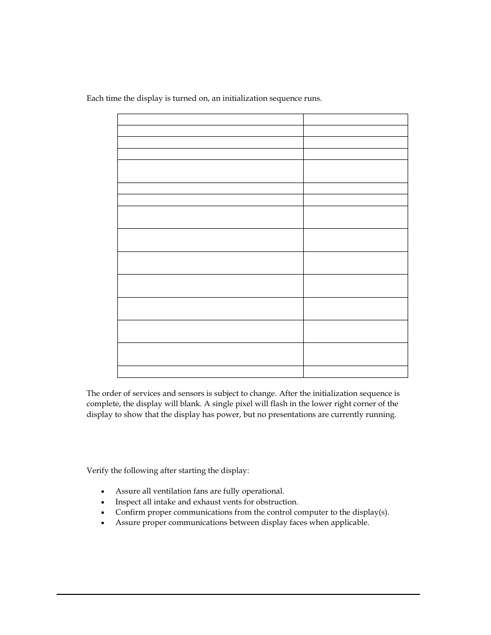 2 start-up sequence xe "start-up sequence, 3 post installation checklist, Start-up sequence | Post installation checklist, 2 start-up sequence | Daktronics GPR-12EV-RGB User Manual | Page 26 / 70