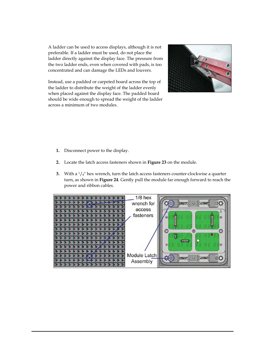 1 proper ladder use, 2 access to display interior xe "interior access, Front access xe "interior access:front access | Proper ladder use, Access to display interior, Front access, 2 access to display interior | Daktronics GPR-12EV-RGB User Manual | Page 28 / 70