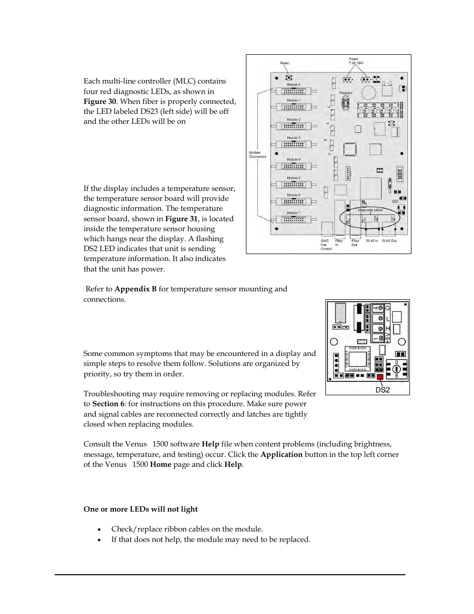 Mlc diagnostics, Temperature sensor diagnostics, Troubleshooting display problems | Module and led problems, 3 mlc diagnostics, 4 temperature sensor diagnostics, 5 troubleshooting display problems | Daktronics GPR-12EV-RGB User Manual | Page 36 / 70