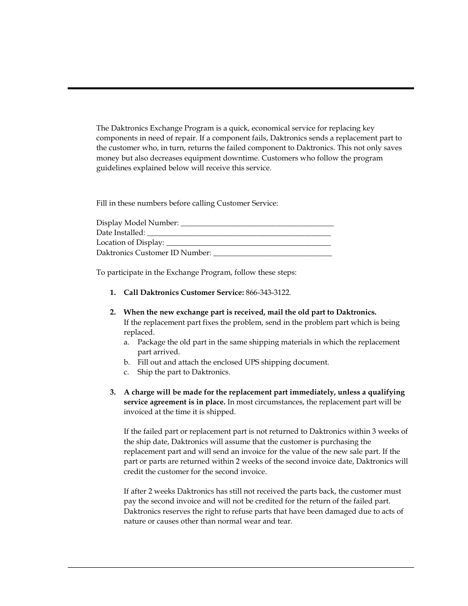 1 exchange program, Before contacting daktronics, Section 9 | Daktronics exchange and repair & return programs, Exchange program | Daktronics GPR-12EV-RGB User Manual | Page 47 / 70