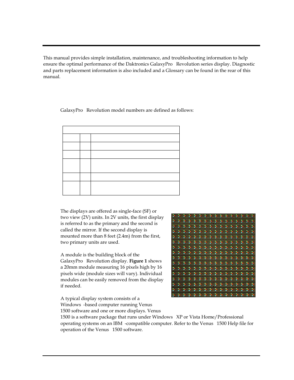 Section 1: display overview xe "display overview, 1 display details, Section 1 | Display overview, Display details | Daktronics GPR-12EV-RGB User Manual | Page 7 / 70