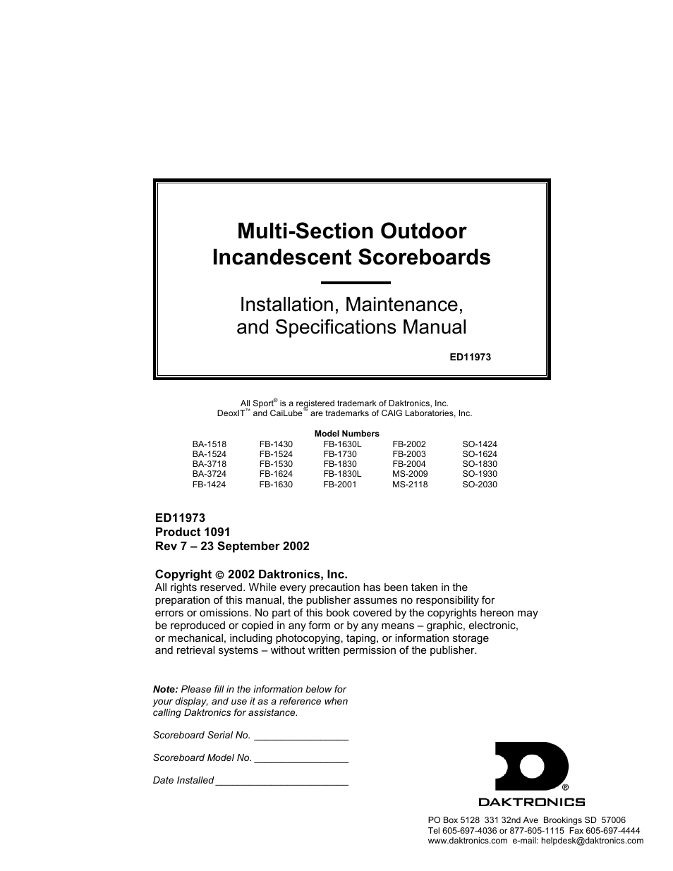 Daktronics BA-1518 User Manual | 152 pages