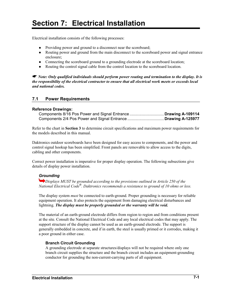 Section 7: electrical installation | Daktronics BA-1518 User Manual | Page 32 / 152