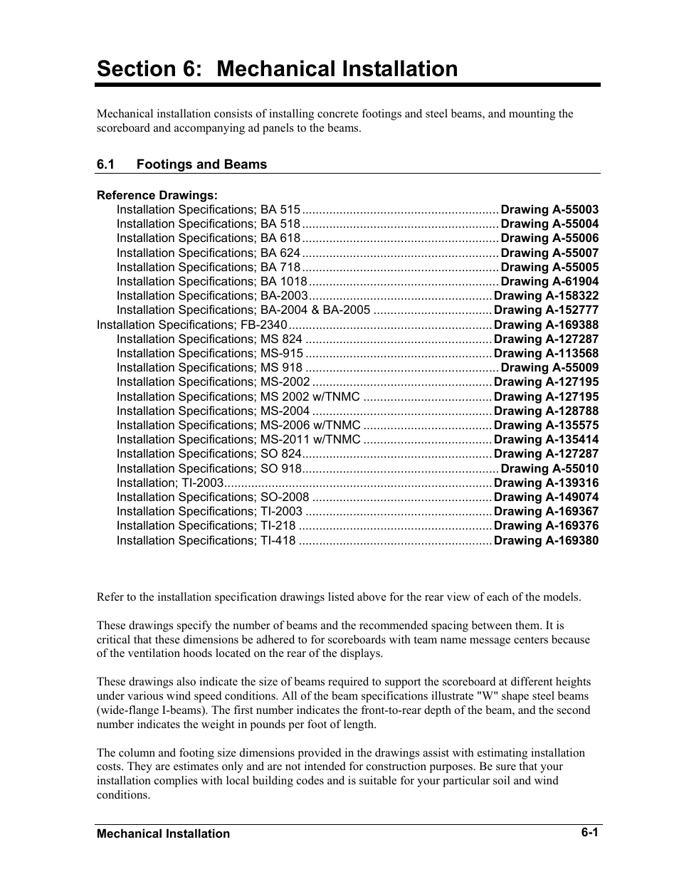 Mechanical installation, Footings and beams, Section 6 | Mechanical installation -1, Footings and beams -1 | Daktronics BA-515 User Manual | Page 23 / 144