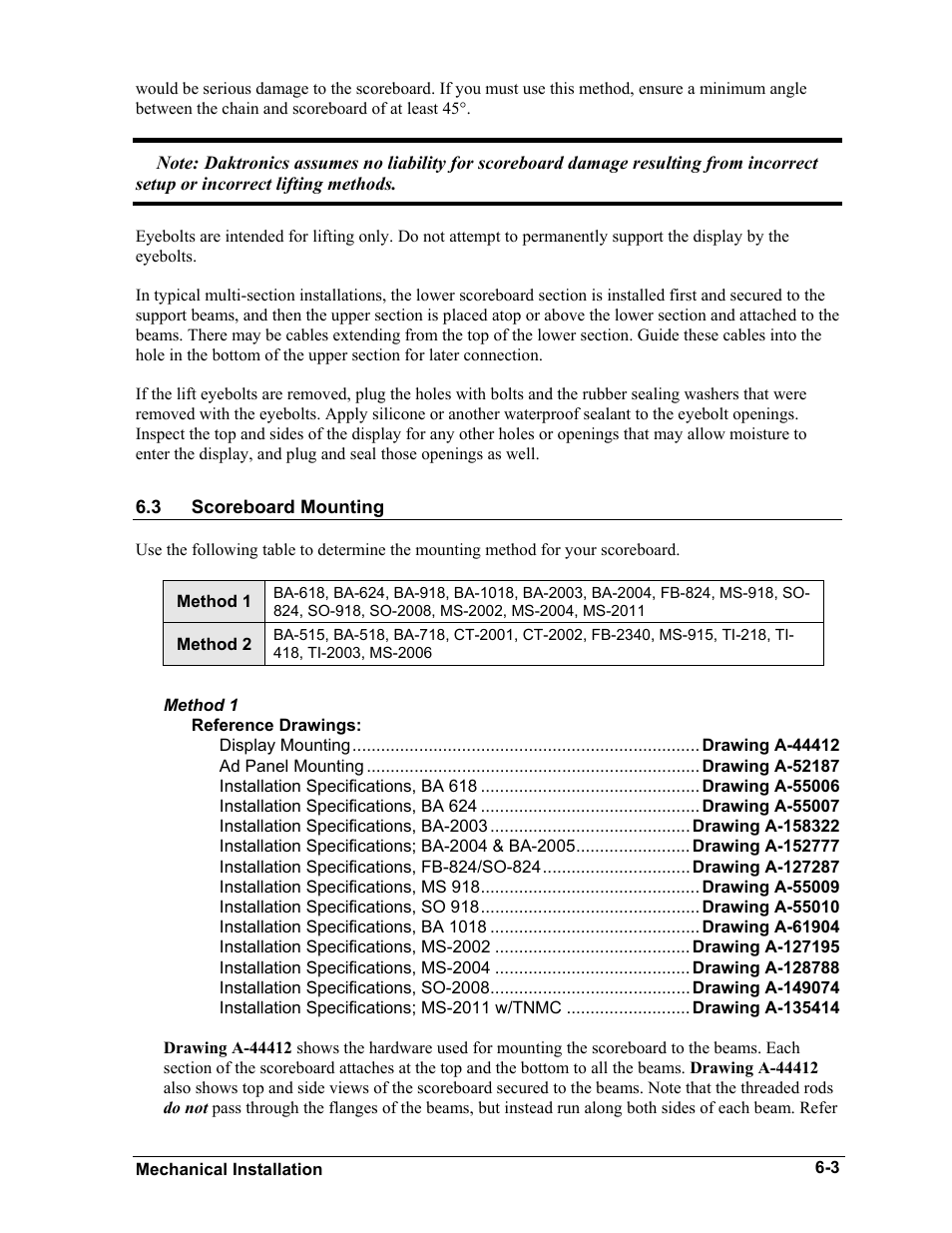 Scoreboard mounting, Method 1, Scoreboard mounting -3 | Method 1 -3 | Daktronics BA-515 User Manual | Page 25 / 144