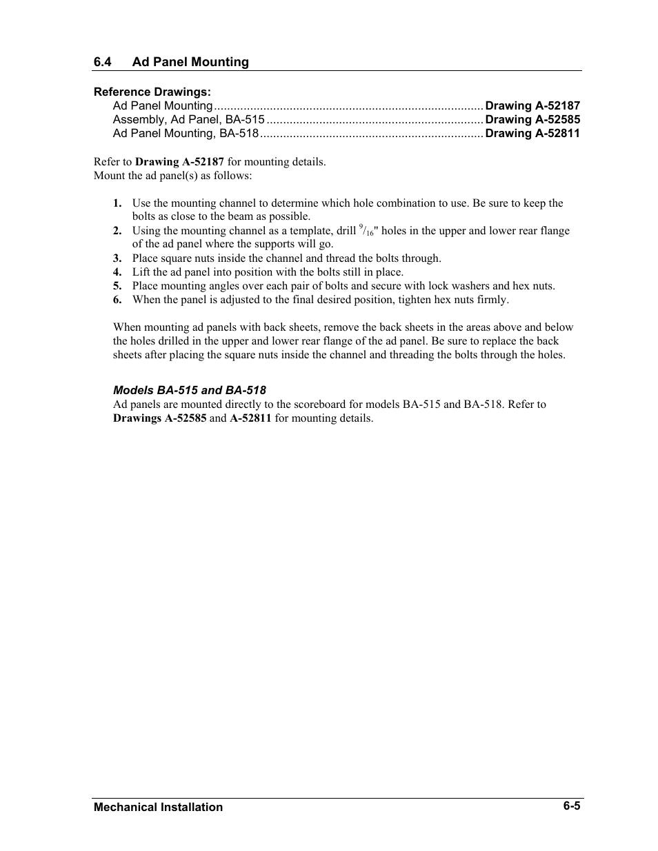 Ad panel mounting, Models ba-515 and ba-518, Ad panel mounting -5 | Models ba-515 and ba-518 -5 | Daktronics BA-515 User Manual | Page 27 / 144