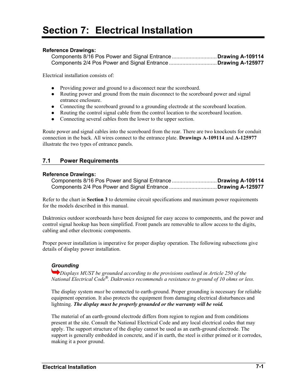 Electrical installation, Power requirements, Grounding | Section 7, Electrical installation -1, Power requirements -1, Grounding -1 | Daktronics BA-515 User Manual | Page 29 / 144