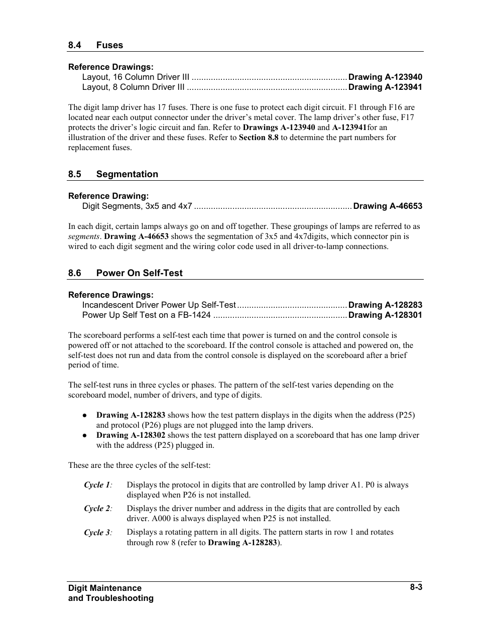 Fuses, Segmentation, Power on self-test | Fuses -3, Segmentation -3, Power on self-test -3 | Daktronics BA-515 User Manual | Page 35 / 144