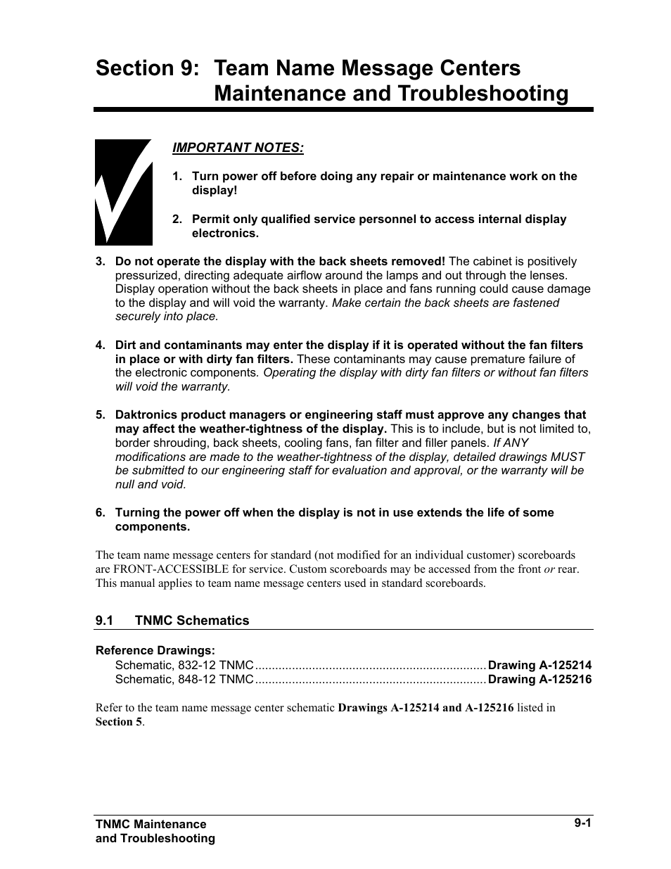 Tnmc schematics, Section 9, Tnmc schematics -1 | Daktronics BA-515 User Manual | Page 39 / 144