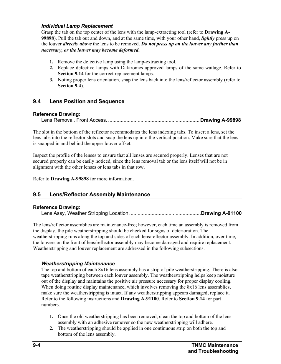 Individual lamp replacement, Lens position and sequence, Lens/reflector assembly maintenance | Weatherstripping maintenance, Individual lamp replacement -4, Lens position and sequence -4, Lens/reflector assembly maintenance -4, Weatherstripping maintenance -4 | Daktronics BA-515 User Manual | Page 42 / 144